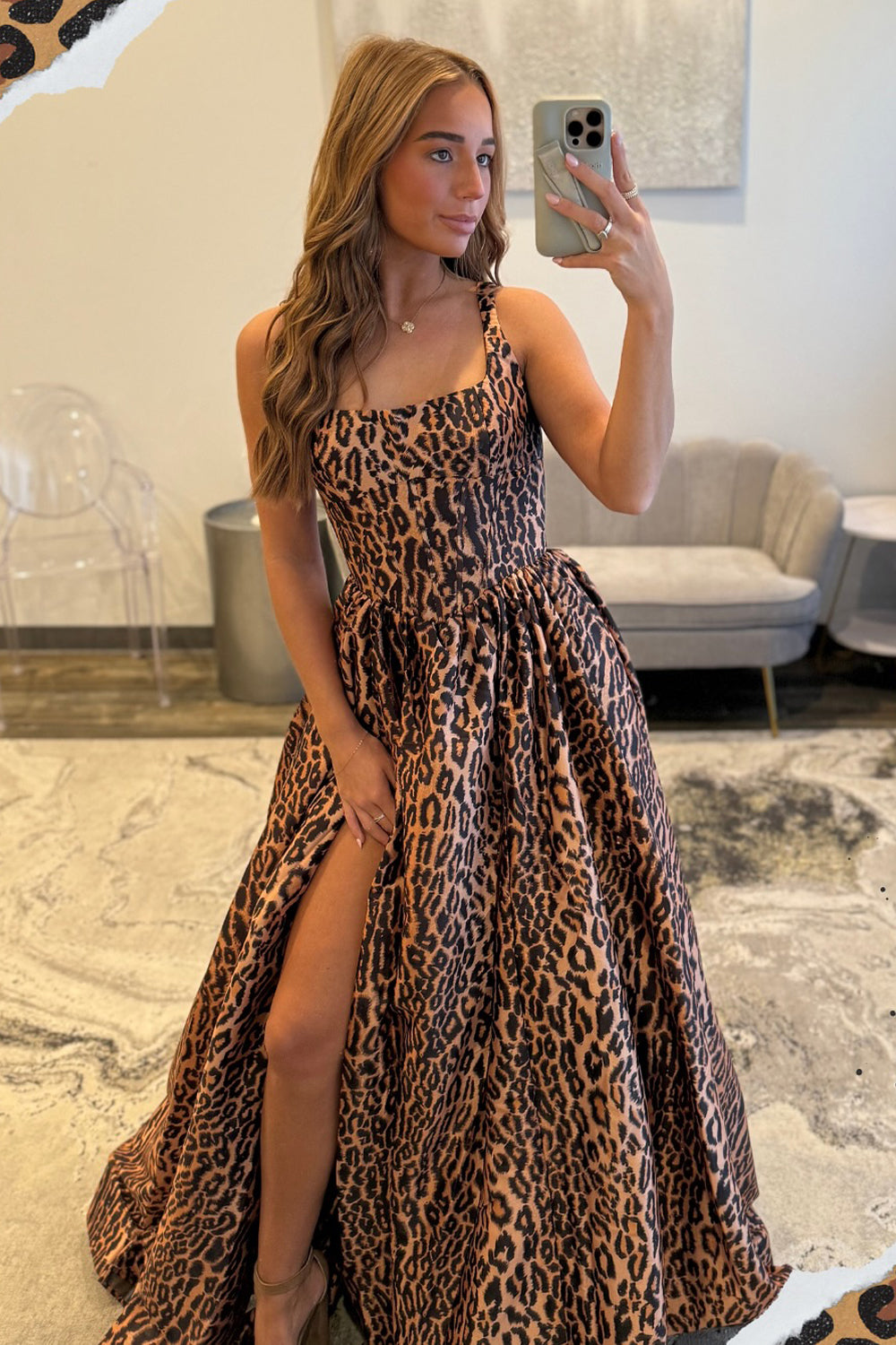 Cute A Line Squard Neck Leopard Print Satin Long Prom Dress AB25100309