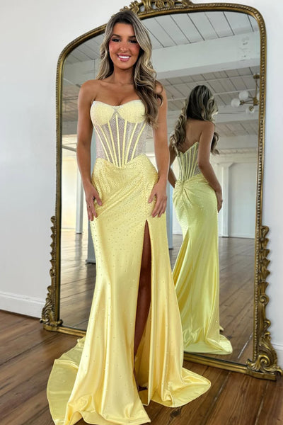 Gorgeous Mermaid Scoop Neck Hof Fix Satin Prom Dress with Slit AB26020606