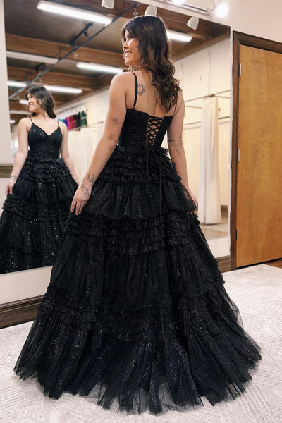 Sparkly Ball Gown V Neck Black Glitter Tulle Long Prom Dresses AB091104