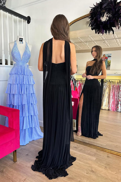 Cute Sheath Strapless Black Chiffon Prom Dress with Slit AB26010406
