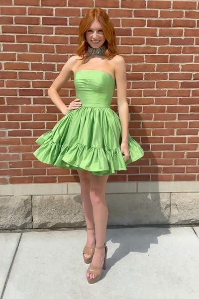 Short A Line Strapless Green Satin Short Homecoming Dress AB26071116