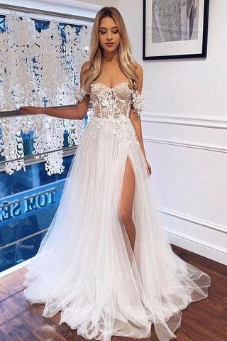 Gorgeous A Line Off the Shoulder Tulle Lace Wedding Dresses ABWD061808
