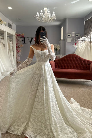 Elegant A Line Scoop Neck Lace Long Bridal Dresses with Sleeves AB24110203