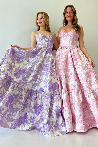 Pink Floral Printed Sweetheart A-Line Long Prom Dresses AB4030703