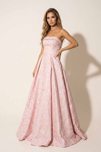 A Line Strapless Jacquard Satin Long Prom Dress with Pockets AB26102902