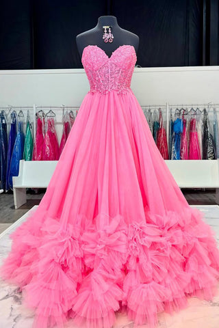 Cute A Line Sweetheart Pink Tulle Long Prom Dress with Appliques AB25101005