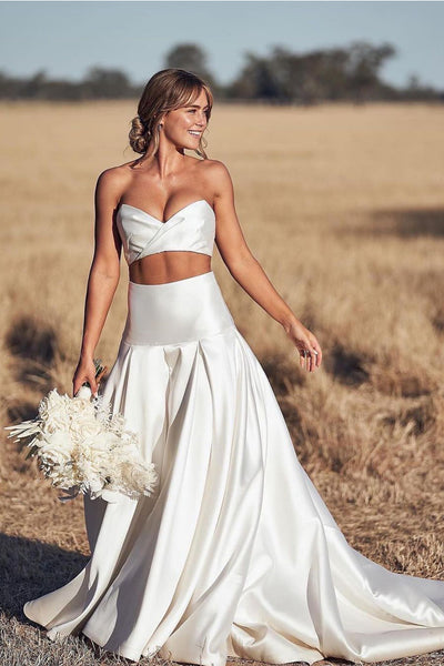 Unique Two Piece Strapless Satin Wedding Dresses with Slit ABWD061806