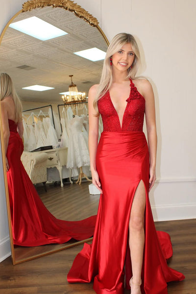 Mermaid Halter Red Sequins Long Prom Dresses with Slit AB25031802