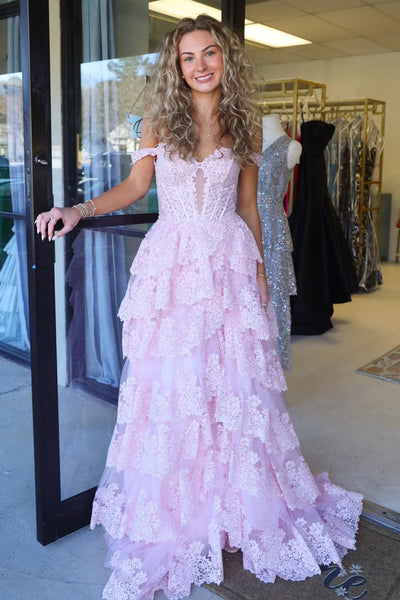 Gorgeous A Line Off the Shoulder Light Pink Tiered Tulle Prom Dress with Slit AB32122905