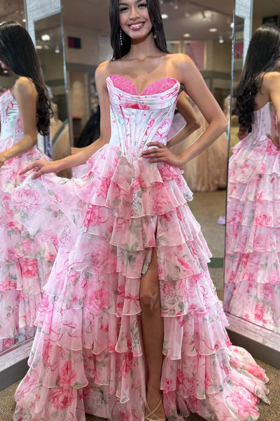 New Arrival A Line Sweetheart Tiered Floral Chiffon Prom Dress with Slit AB25102903