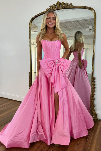 Ball Gown Scoop Neck Hot Pink Satin Prom Dress with Bow AB26030507