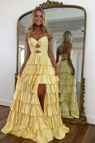 Cute A Line V Neck Daffodil Tiered Long Prom Dress with Rhinestones AB25102708