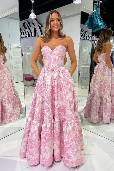 Cute A Line Sweetheart Pink Jacquard Satin Long Prom Dress with Pockets AB25010604