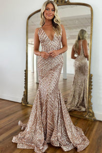 Gorgeous Sparkly Mermaid V Neck Champagne Sequins Long Prom Dresses AB082506