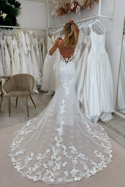 Bohemian Mermaid V Neck Lace Wedding Dress with Appliques AB26061410