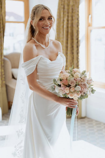 Off the Shoulder Mermaid Satin Long Wedding Dress AB25093001