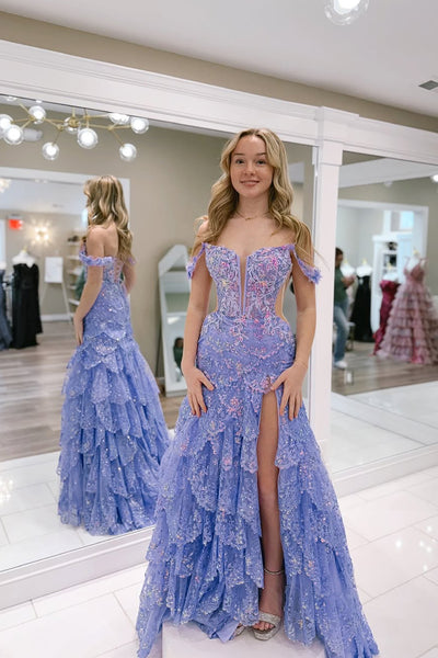 Gorgeous Ball Gown Off the Shoulder Lavender Tiered Sequins Lace Prom Dress with Slit AB25022312