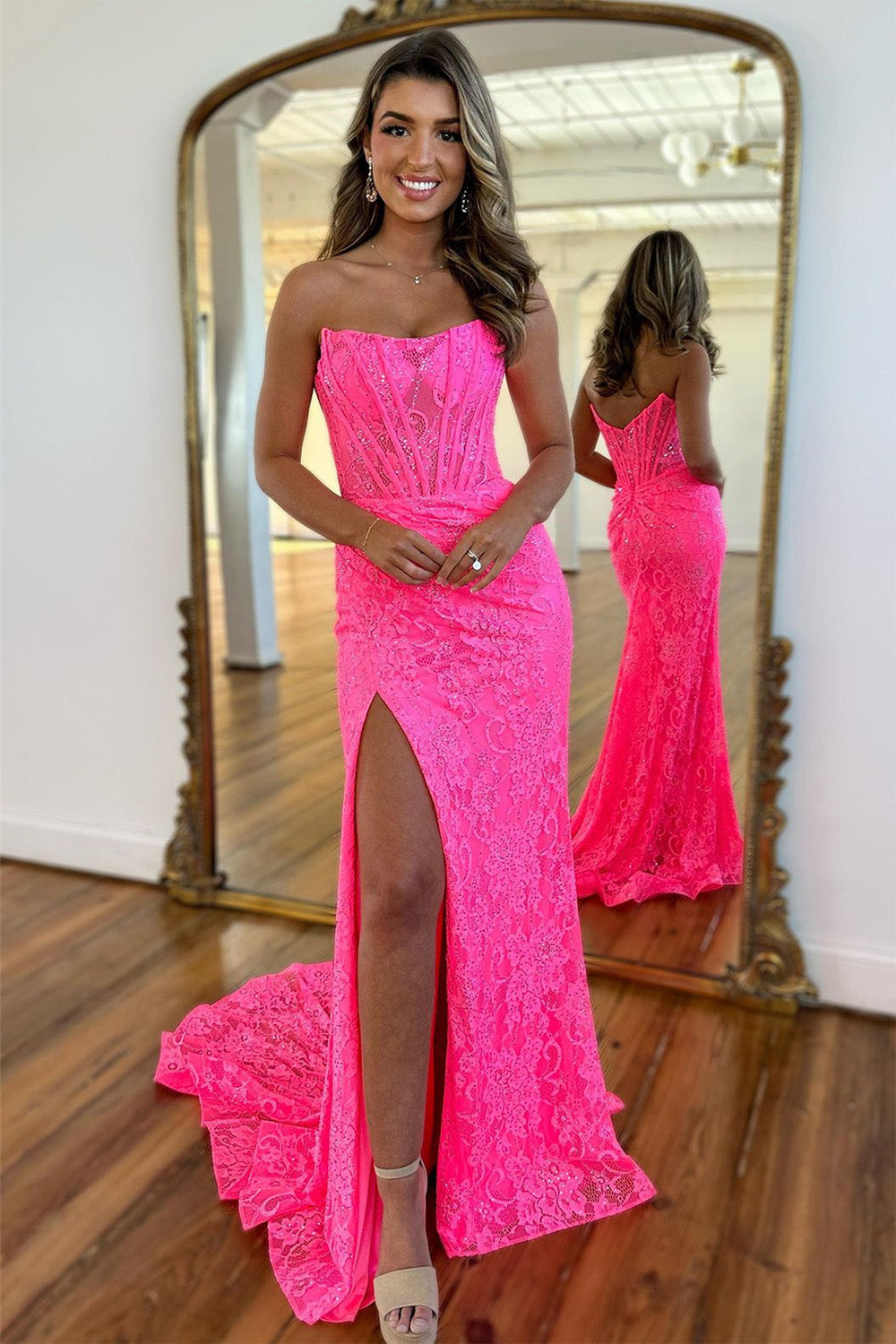 nyomi mermaid strapless corset lace prom dress with slit Gorgeous Mermaid Strapless Sweep Train Lace Prom Dress With Slit AB4040901  – Anniebride
