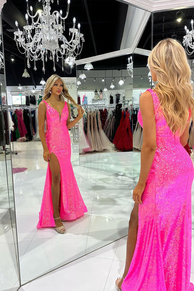 Sparkly Mermaid V Neck Hot Pink Sequins Long Prom Dress with Slit AB121102