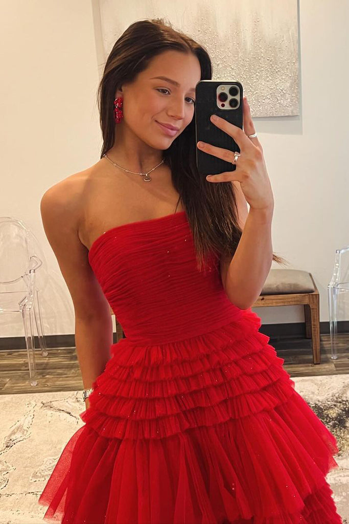 princess dress red Princess Strapless Red Ruffle Tiered Tulle Long Prom Dresses AB4030302 – Anniebride