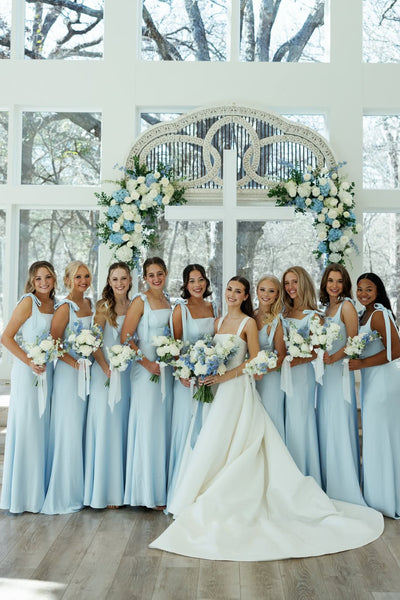 Elegant Sheath Square Neck Light Blue Satin Bridesmaid Dress with Bow AB26032610
