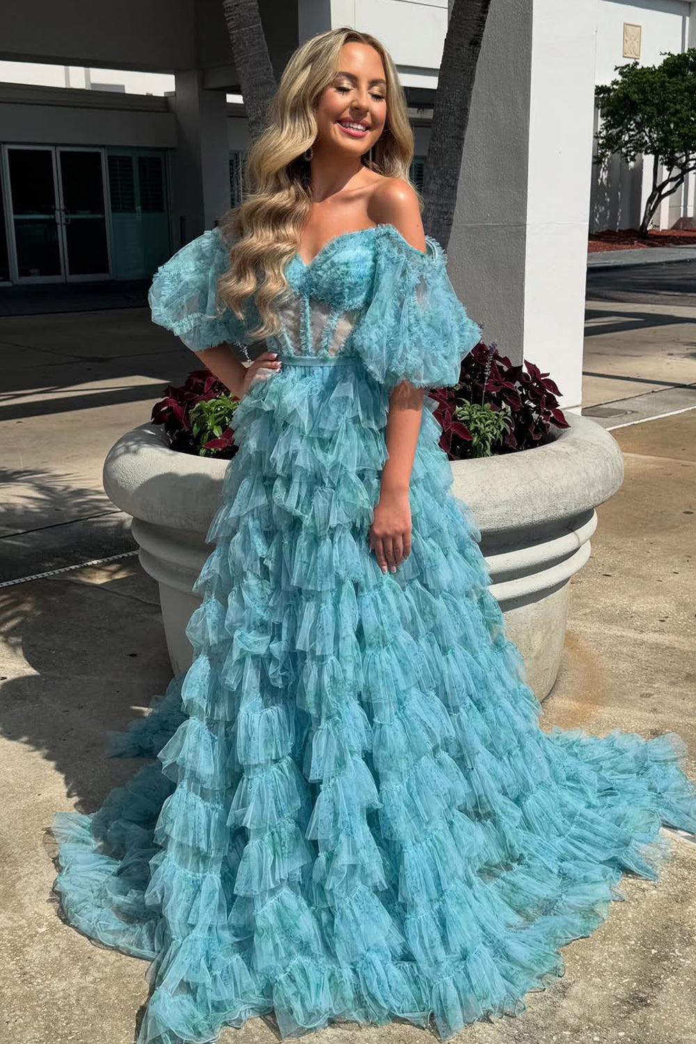 Cute A Line Sweetheart Off the Shoulder Tiered Tulle Long Prom Dresses AB25071107