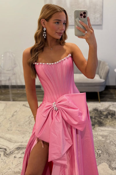 Cute A Line Scoop Neck Pink Taffeta Satin Prom Dress with Beading AB25102906