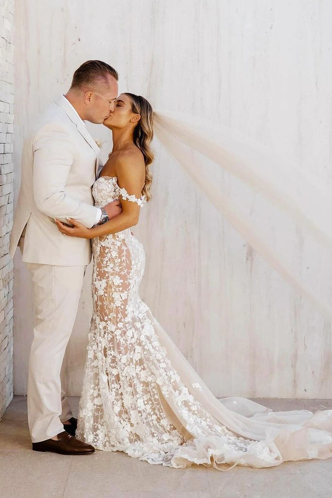 Gorgeous Mermaid Off the Shoulder Lace Beach Wedding Dresses AB24071303 Anniebride Gorgeous Mermaid Off the Shoulder Lace Beach Wedding Dresses AB24071303 Anniebride