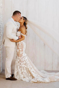 Gorgeous Mermaid Off the Shoulder Lace Beach Wedding Dresses AB24071303