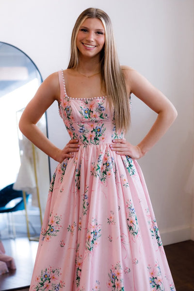 Cute A Line Square Neck Pink Floral Satin Prom Dress AB26032207