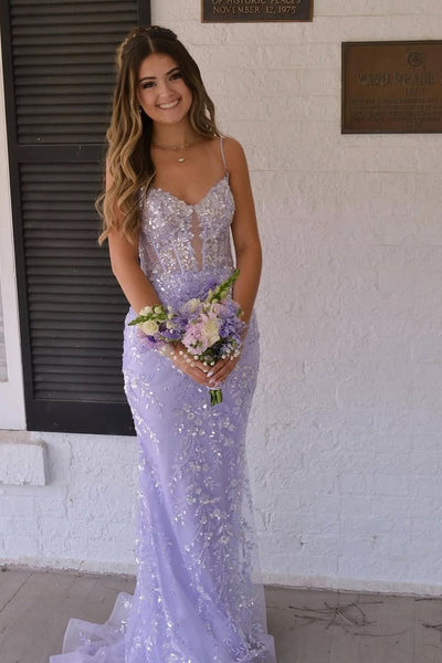 Cute Mermaid V Neck Lavender Sequins Lace Prom Dress AB0505302