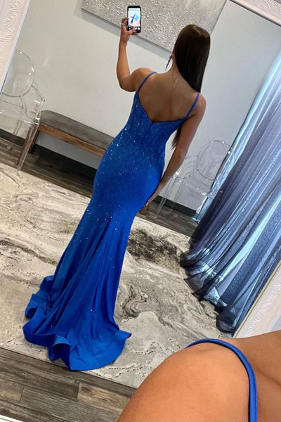 Sparkly Mermaid V Neck Royal Blue Long Prom Dresses with Beading AB110301
