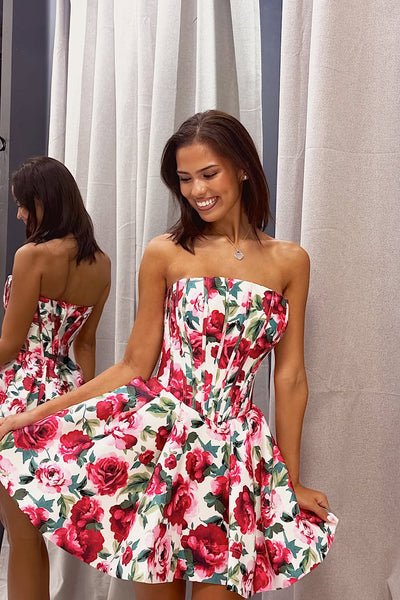 A Line Strapless Floral Satin Short Homecoming Dress AB26062403