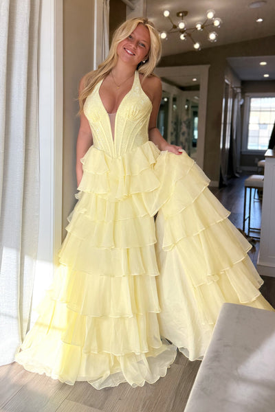 Fairy A Line V Neck Halter Daffodil Tiered Chiffon Prom Dress AB26070718