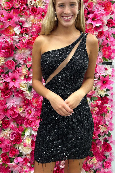 Cute Bodycon One Shoulder Black Sequins Short Homecoming Dresses with Beading AB082601