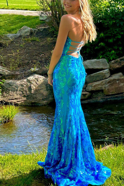 Sparkly Mermaid Sweethart Blue Sequins Long Prom Dresses with Lace up Back AB061823