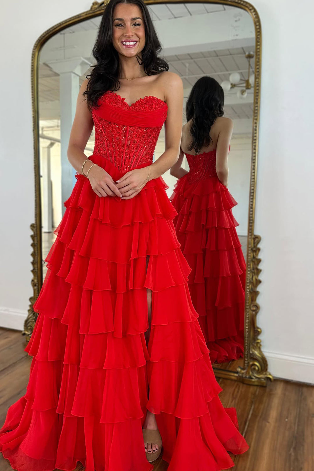 Gorgeous A Line Sweetheart Red Chiffon Tiered Long Prom Dress with Slit AB25100604