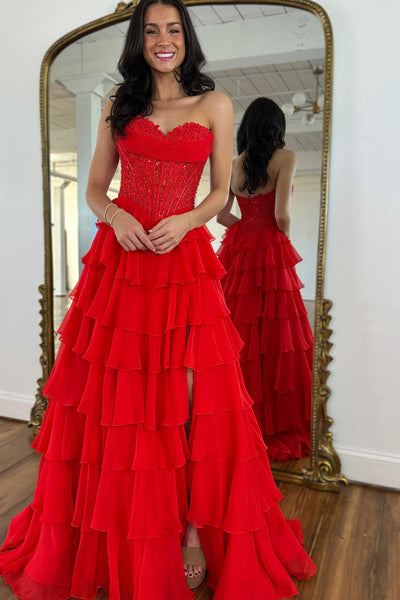 Gorgeous A Line Sweetheart Red Chiffon Tiered Long Prom Dress with Slit AB25100604