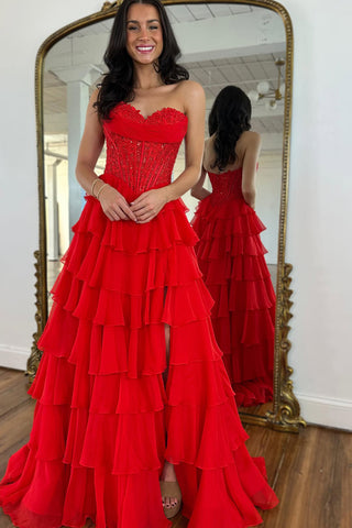 Gorgeous A Line Sweetheart Red Chiffon Tiered Long Prom Dress with Slit AB25100604