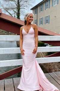 Cute Mermaid V Neck Pink Satin Prom Dresses AB25050213