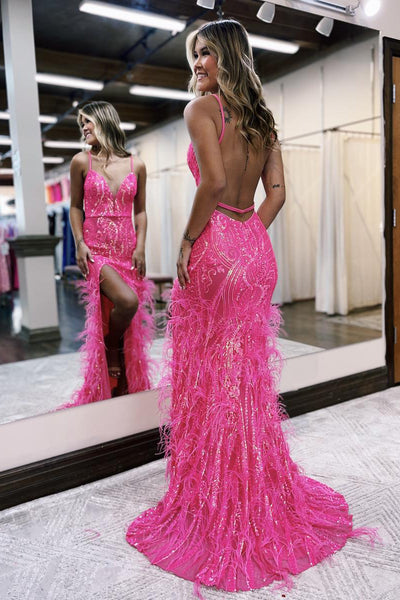 Cute Mermaid V Neck Hot Pink Sequins Long Prom Dress with Feather AB4010201