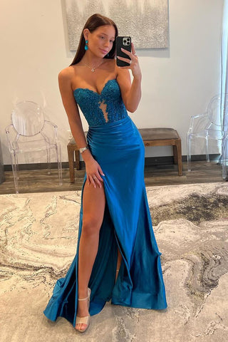 Charming Mermaid Sweetheart Blue Appliques Prom Dress with Beading AB4011505