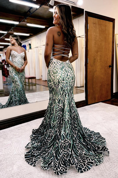 Charming Mermaid V Neck Gradient Grey Green Sequins Long Prom Dress AB4010901