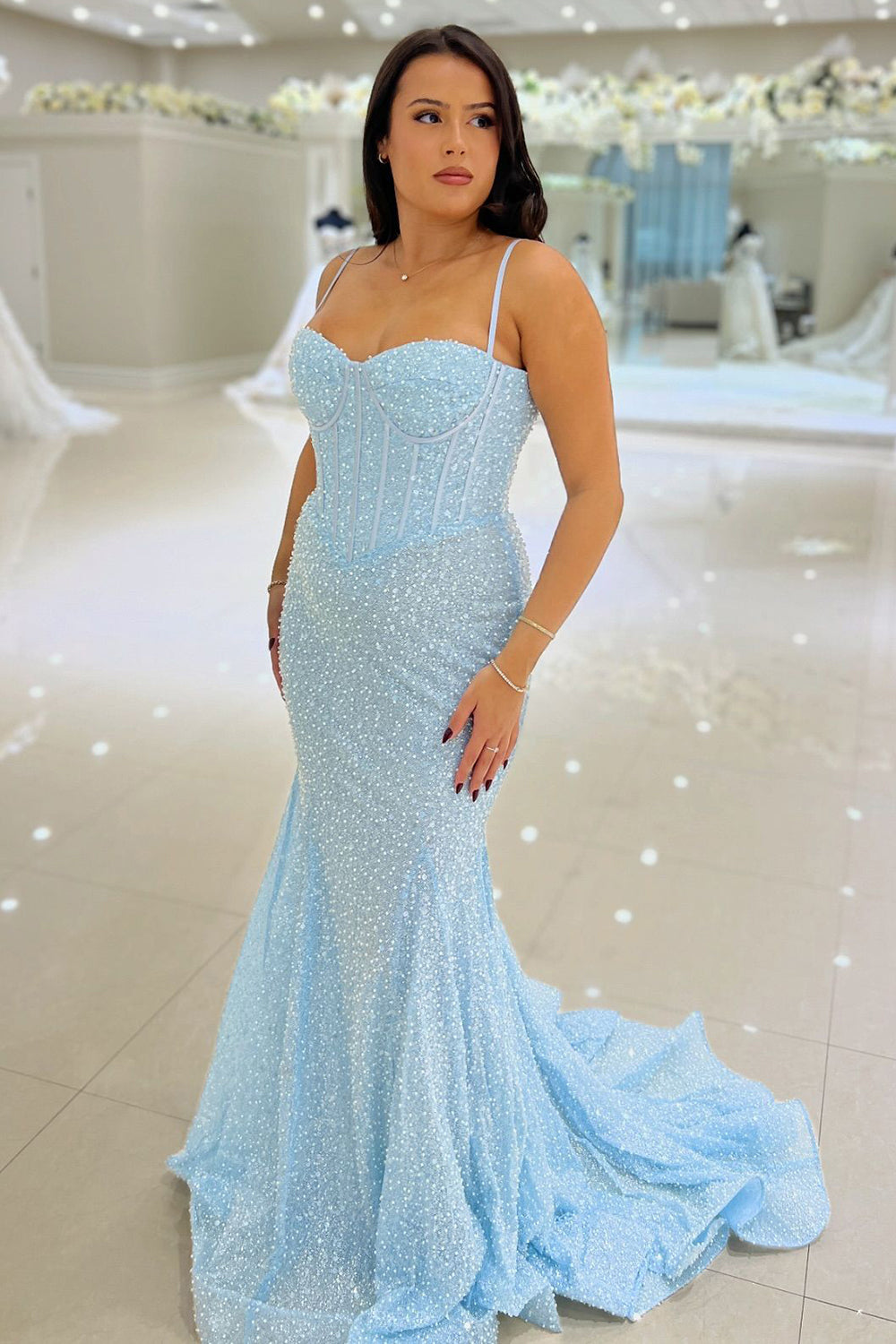 Cute Mermaid Sweetheart Sequins Sky Blue Long Prom Dresses Anniebride Cute Mermaid Sweetheart Sequins Sky Blue Long Prom Dresses Anniebride