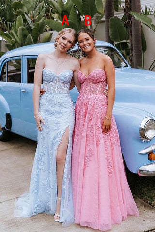 Charming Mermaid Strapless Blue Tulle Long Prom Dress with Appliques AB4051201