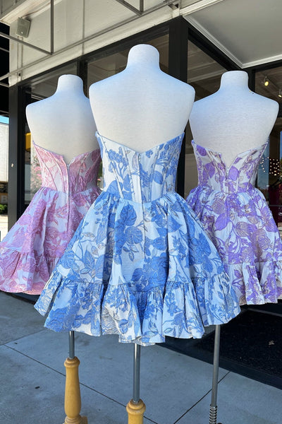 Cute Sweetheart Light Blue Jacquard Satin Short Homecoming Dress