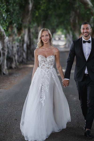 Charming A Line Sweetheart Tulle Wedding Dresses with Appliques ABWD061826