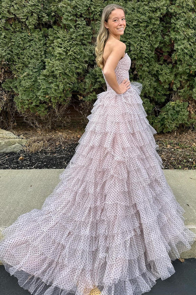 Fairy A Line Strapless Red Dot Tulle Tiered Prom Dress AB25010402