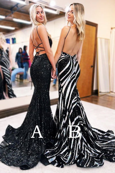 Cute Mermaid V Neck Black Sequins Long Prom Dresses AB122401