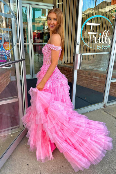 Charming A Line Off the Shoulder Pink Tiered Tulle Prom Dress AB4011002